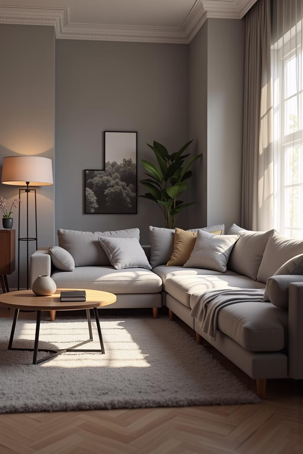 wohnzimmer mit grauer couch einrichten outline 3